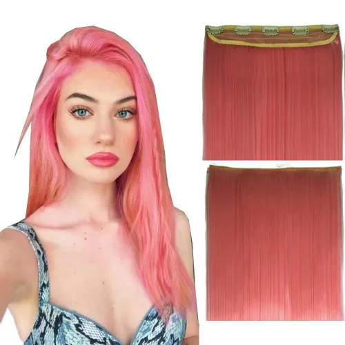 Miniatura 10 de Extensiones de cabello sintético con clip, de 24 pulgadas, 4.23 oz, extensiones de cabello natural lacio, color rosa y rojo, 5 extensiones de #118C