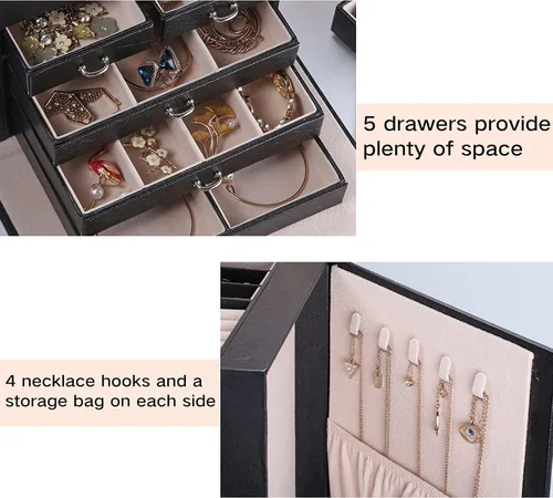 Miniatura 5 de DREAM&GLAMOUR - Cajas de joyería grande, de piel sintética, organizador de joyas de piel sintética con espejo y cerradura. Caja de almacenamiento