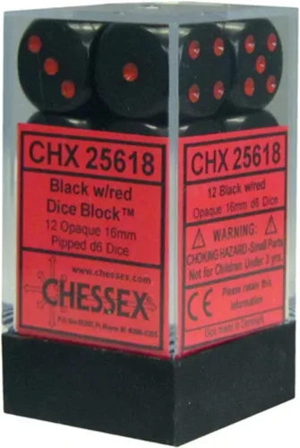 Chessex DND - Juego de dados poliédricos de plástico opaco de 0.63 pulgadas, color negro y rojo, Dungeons and Dragons, incluye 12 dados – D6