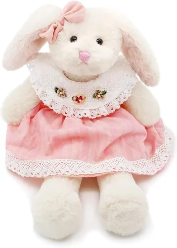 Oitscute Pequeño y suave conejo de peluche de 15 pulgadas, juguete para bebés y niñas (conejo blanco con vestido de encaje rosa)