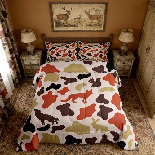 Miniatura 25 de Juego de edredón rústico de oso tamaño completo, juego de ropa de cama de caza de animales salvajes de 3 piezas, edredón de plumón vintage de cabaña