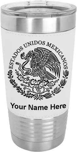 Miniatura 25 de LaserGram Vaso aislado al vacío de 20 onzas, bandera de México, grabado personalizado incluido (piel sintética, negro)