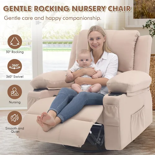 Miniatura 3 de Mecedora reclinable giratoria de piel sintética con portavasos para calor y masaje, silla mecedora con relleno, silla reclinable con calefacción