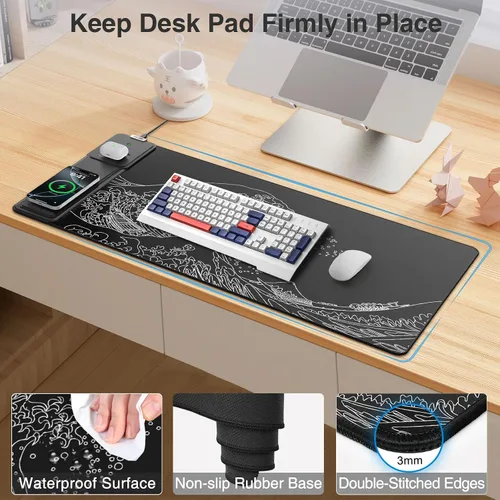 Miniatura 6 de Wireless Charging Mouse Pad with Foldable Phone Holder, 31.5"x15.8" Large Desk Mat for Laptop/Keyboard, Waterproof Ultra-Smooth Surface, Non-Slip