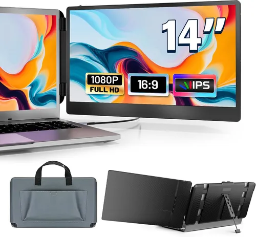domyfan Extensión de pantalla portátil de 14" para laptop, pantalla IPS FHD 1080P doble, HDMI/USB-A/Tipo-C conecta y usa para Windows, Mac, Chrome,