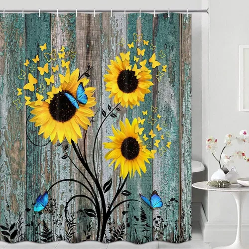 Cortina de ducha rústica de girasol para baño, divertida cortina de ducha floral, decoración de bañera, estilo rústico vintage, tablones de madera