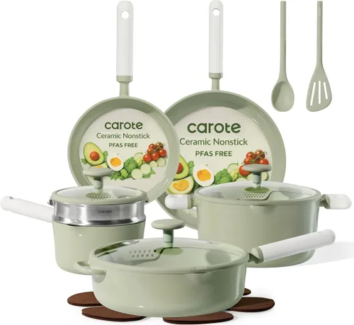 Miniatura 11 de CAROTE Juego de ollas y sartenes antiadherentes, juego de utensilios de cocina de 21 piezas con tapa colador, juego de cocina de inducción con Verde