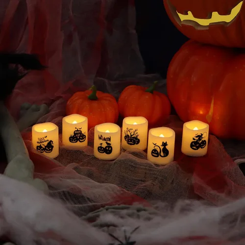 Miniatura 2 de Velas votivas sin llama con temporizador, luces LED con temporizador automático de ciclo diario integrado, calcomanías de calabaza para decoraciones