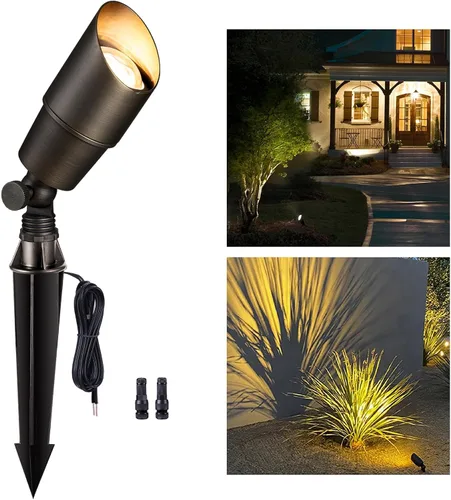 Gardenreet Focos de paisaje de bajo voltaje – Luz LED de latón para exteriores de 12 V, focos con cable IP65 impermeables, bronce antiguo para