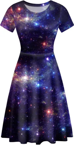 HUGS IDEA Vestido de Halloween de manga corta para mujer, estilo vintage, cuello redondo, acampanado, vestido de fiesta acampanado