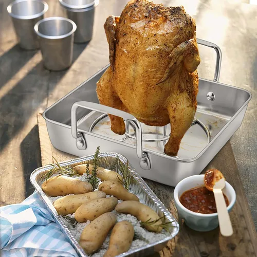 Miniatura 7 de TeamFar Soporte para latas de cerveza, bandeja de goteo de acero inoxidable con soporte vertical para parrilla y horno, ahumador, saludable