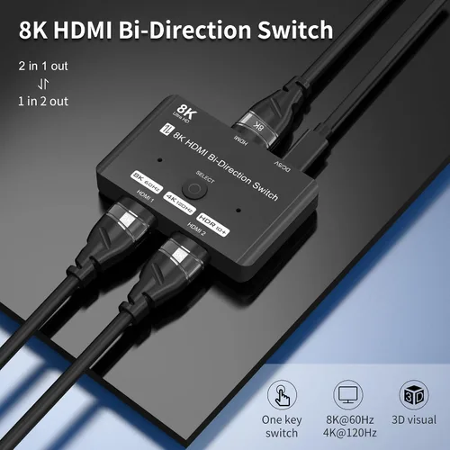 Miniatura 2 de Conmutador HDMI 2.1 Bidireccional Ultra HD 8K Interruptor HDMI 2 en 1 Salida/ 1 en 2 Salida Conmutador HDMI Compatible con 8K@60Hz/ 4K@120Hz 48Gbps