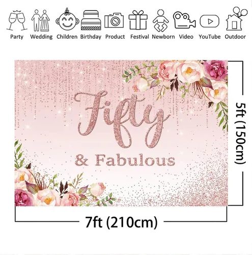 Miniatura 4 de Mocsicka Fifty Fabulous - Telón de fondo floral con puntos dorados para fotografía de cumpleaños 50 para mujeres, de vinilo, para retratos, cabina