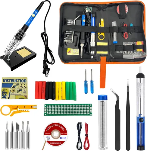 Kit de soldador de hierro, 21 en 1 con temperatura ajustable, 5 puntas de soldadura, soldador de 60 W, alambre de soldadura, bomba desoldadora,