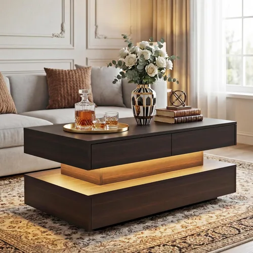 Mesa de centro para sala de estar, mesa de centro moderna con 2 cajones de almacenamiento, mesa central de 2 niveles de madera con luces LED de 20