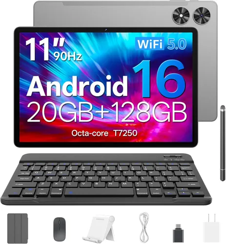 Tablet Android 16, 2025 Actualizado Tablet Android de 11 pulgadas con teclado, 20GB+128GB+1TB de expansión, soporte de desbloqueo facial+Widevine L1
