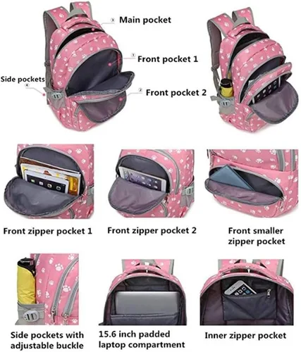 Miniatura 5 de Mochila con estampado de huellas de perro para estudiantes de escuela primaria, bolsa escolar para estudiantes, Mochila negra, Viajar