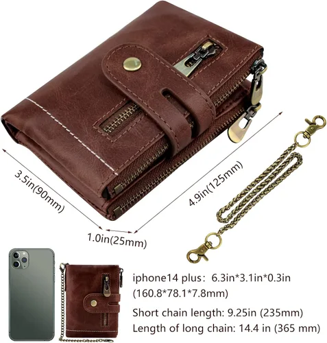 Miniatura 3 de iSamzan Billeteras de cuero para hombre, con bloqueo RFID, con doble cremallera, bolsillo para monedas con cadena antirrobo, carteras