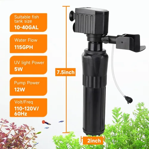Miniatura 7 de hygger Filtro U-V para acuario para tanque de 10 a 40 galones, filtro sumergible de bomba de 12 W para agua verde y limpieza de algas, filtro
