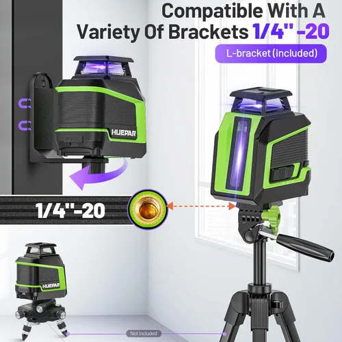 Miniatura 4 de Nivel Láser de 360°, HUEPAR 82-165 Pies 3 Niveles de Brillo Nivel Láser Autonivelante con Modo de Pulso, Láser Púrpura de Alta Penetración Batería