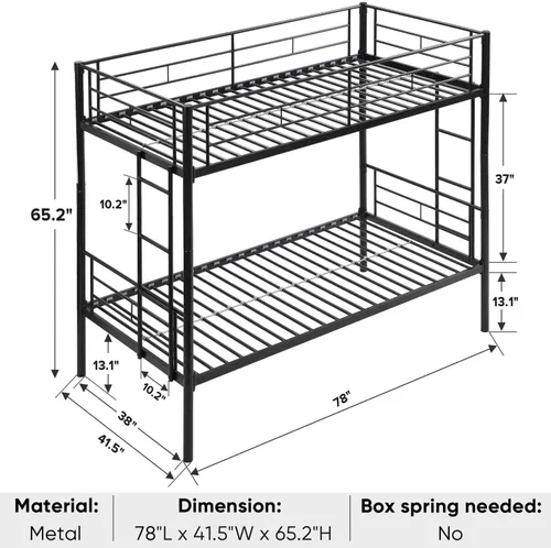 Miniatura 2 de Litera de metal con 2 escaleras y barandilla de seguridad, literas convertibles resistentes, base de cama individual sobre individual con espacio