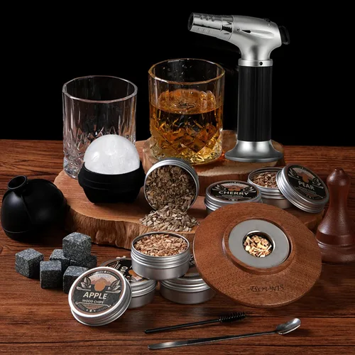 Miniatura 4 de Kit ahumador para whisky con antorcha - 6 sabores de astillas de madera, 2 vasos, 6 piedras para whisky, kit infusor para ahumar cócteles, kit Ébano