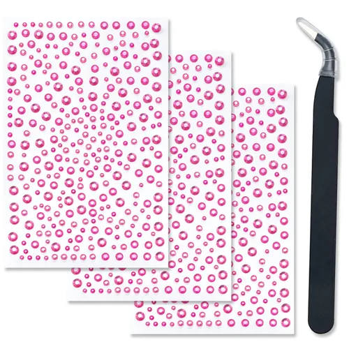 3 hojas de gemas de diamantes de imitación autoadhesivos para la cara, maquillaje, uñas, manualidades (rojo rosa)