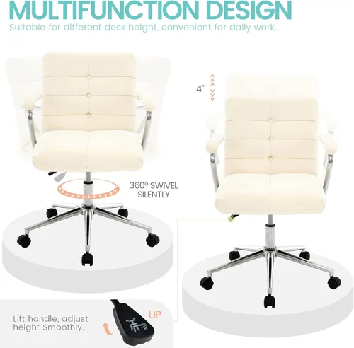 Miniatura 5 de Silla de escritorio de terciopelo para oficina en casa, silla tapizada ajustable giratoria con ruedas, silla de computadora copetada con respaldo
