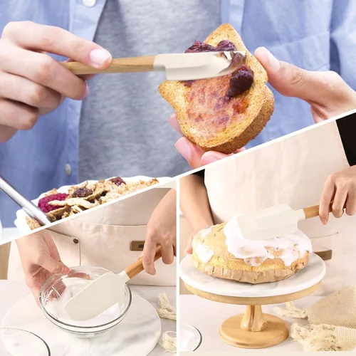 Miniatura 4 de LorisArm Espátulas de madera de mango largo, espátulas de silicona raspadoras de goma de 12 y 9 pulgadas para frasco, licuadora, botella.
