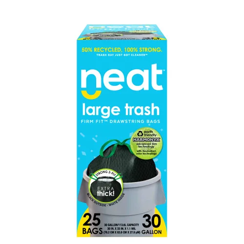 Neat Tall Kitchen - Bolsas de basura con cordón de 30 galones (25 unidades) – Triple capa de material fortificado, ecológico, 50% reciclado,