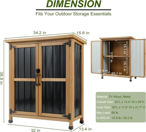 Miniatura 4 de Ketive Armario de almacenamiento para exteriores, pequeño gabinete de almacenamiento de herramientas de jardín de madera y metal con techo de Negro