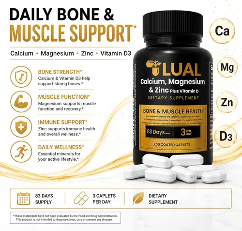 Miniatura 2 de LUAL Calcio, magnesio y zinc con vitamina D3 – Suplemento de apoyo óseo y muscular para adultos, 1000 mg de calcio, 400 mg de magnesio, 15 mg
