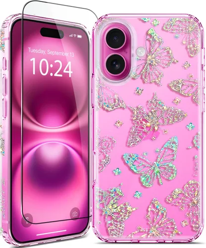 Miniatura 13 de Funda para iPhone 16, con protector de pantalla, linda para mujeres y niñas, funda protectora de grado militar de 10 pies para iPhone 16, funda