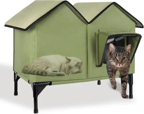 Miniatura 15 de Casa climatizada para gatos en invierno exterior, casa para gatos climatizada extra grande, resistente a la intemperie, cama elevada, puerta