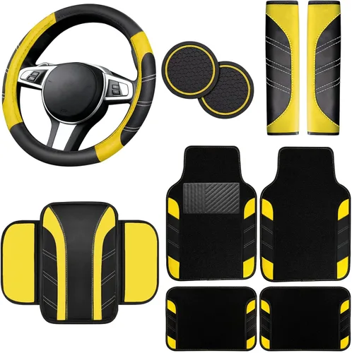 Miniatura 11 de NBTEPEM Juego de 6 accesorios de automóvil beige, funda de cuero deportivo para volante de 14.5 a 15 pulgadas, universal, funda de cuero