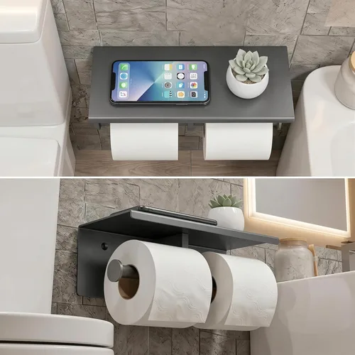 Miniatura 5 de Soporte de papel higiénico doble de acero inoxidable con estante de almacenamiento para teléfono (gris)
