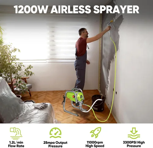 Miniatura 3 de Pulverizador de pintura sin aire de 1200 W, pistola pulverizadora de pintura de alta eficiencia de 3300 PSI, sin adelgazamiento, con varilla