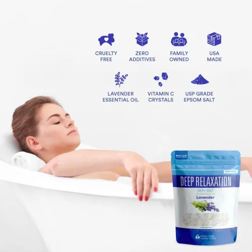 Miniatura 7 de Sal de baño de relajación profunda, 32 onzas, sal de Epsom con aceite esencial de lavanda natural más vitamina C en bolsa sin BPA con sello fácil