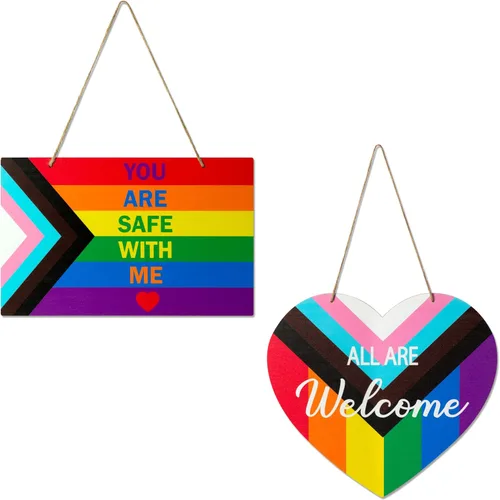 Haooryx LGBTQ - Letrero de puerta del orgullo – 2 piezas de bandera del mes del orgullo LGBTQ+ en forma de corazón, corona de bienvenida de madera,