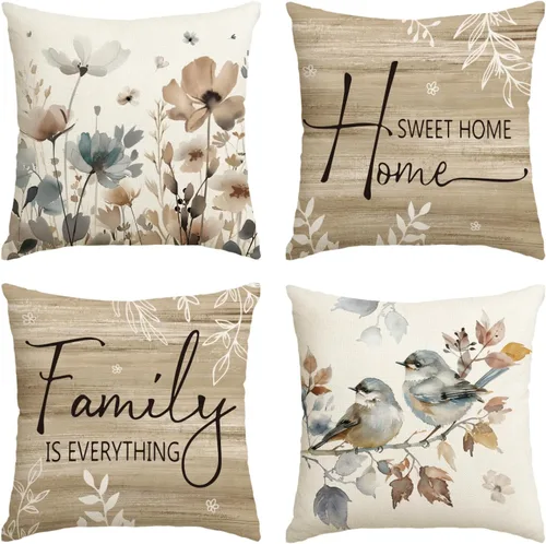 AVOIN colorlife Chinoiserie - Juego de 4 fundas de almohada con diseño de flores de amapola Chickadee Home Sweet Home, 16 x 16 pulgadas, otoño, la
