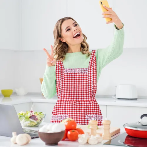 Miniatura 7 de Delantal clásico vintage para mujer, delantal de algodón a cuadros rojo y blanco, babero de chef de cocina para el hogar