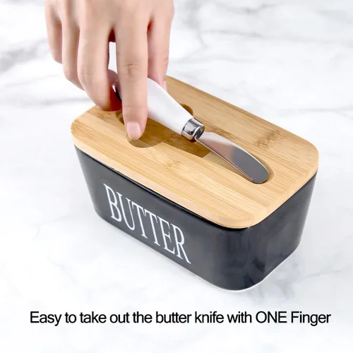 Miniatura 9 de Hasense Mantequillera de porcelana con tapa de bambú – Mantequera cubierta con cuchillo de mantequilla para encimera, recipiente hermético