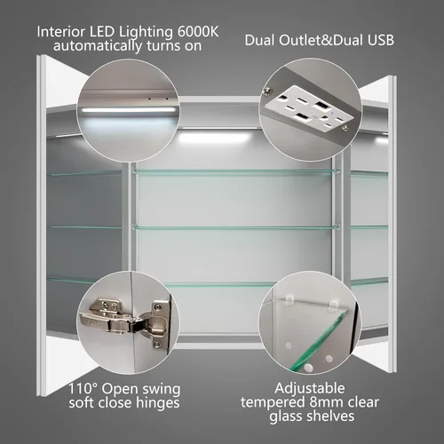 Miniatura 6 de ExBrite Botiquín iluminado de 28 x 32 pulgadas, armario con espejo LED empotrado/superficie con reloj y pantalla de temperatura, desempañamiento