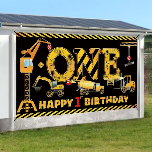 Miniatura 3 de Decoraciones de primer cumpleaños para niños, tema de excavadora y camión volquete, decoraciones de banner de primer cumpleaños, banner de Negro 1st