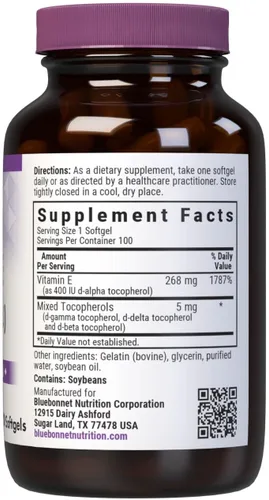 Miniatura 2 de Bluebonnet Nutrition Vitamina E 400 UI (268 mg) Cápsulas blandas mixtas de tocoferoles, portección de radicales libres y soporte cardiovascular, sin