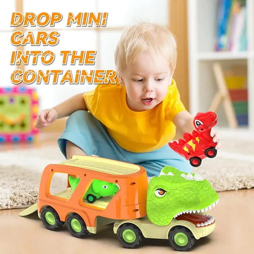 Miniatura 6 de Veslier Juguetes de Dinosaurio para Niños de 2-4 y 3-5 años con 6 Vehículos de Coche de Dinosaurio, Camión Transportador de Dino con Música y Sonido