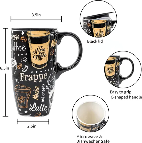Miniatura 8 de Topadorn Taza de Café de Cerámica Taza de Viaje Regalo con Tapa 17oz, Taza de Té Alta de Porcelana con Asa para el Hogar y la Oficina, Taza