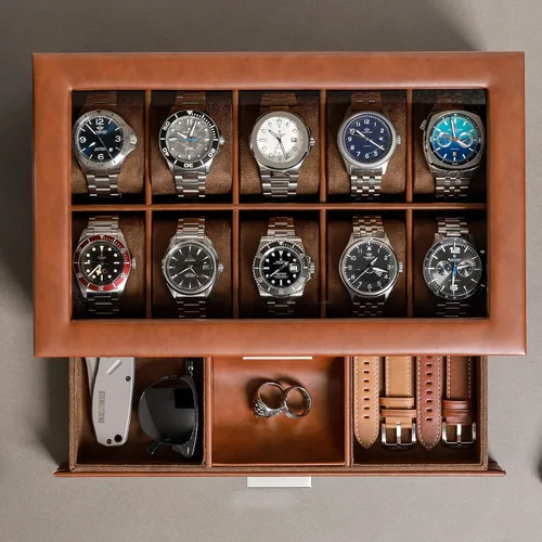 Miniatura 4 de ROTHWELL Caja de reloj de cuero de 10 ranuras con cajón de valet, organizador de exhibición de lujo con forro de microgamuza ultrasuave, soporte