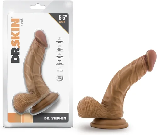 Blush Dr. Skin - Consolador realista Dr. Stephen de 6.5 pulgadas con bolas, sensación suave, pene curvo color canela para mujeres, hombres y parejas