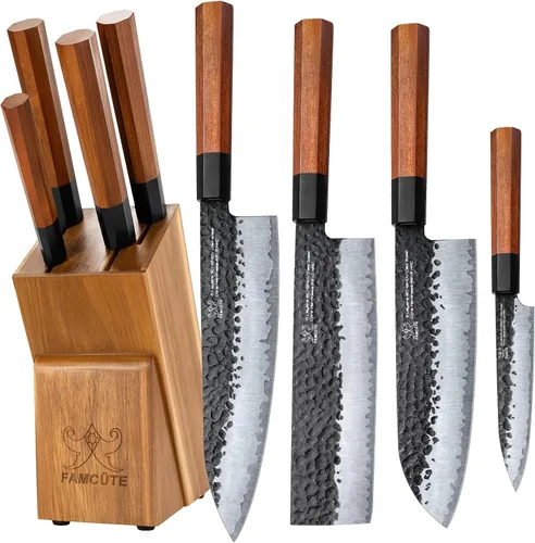 Miniatura 10 de FAMCÜTE Cuchillo Nakiri grabado personalizado de 7 pulgadas, forjado a mano, cuchillo de chef japonés de acero 9CR18MOV de 5 capas con mango